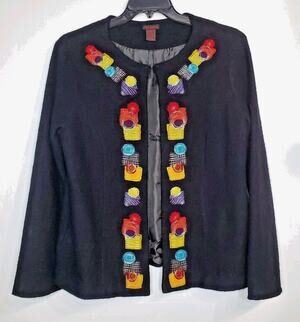 Sara Isabella Womens L Black Wool Cardigan Jacket Lined Embroidered Pockets VTG